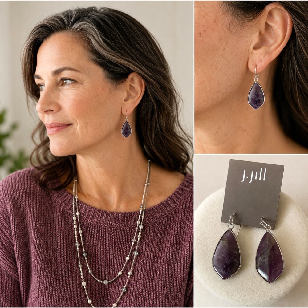 J Jill Purple Teardrop Earrings Silver Tone Amethyst Stone Style Boho Artisan